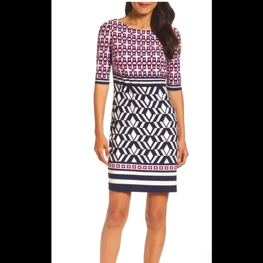 Eliza J dress - Print Shift Dress - Size 14 - Pink Navy White Slimming Pattern